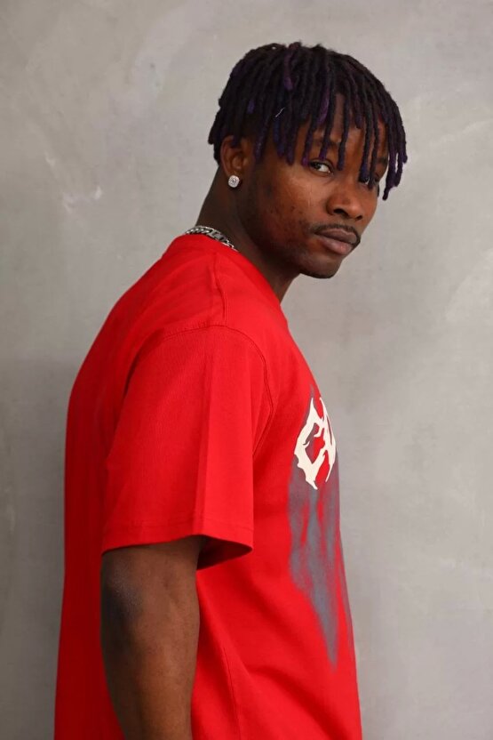 Unisex Baskılı Oversize T-Shirt - Kırmızı