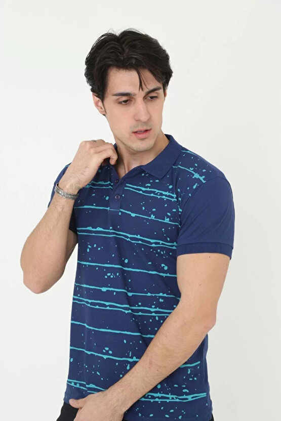 Erkek Yakalı Slim Fit Pike Çizgili T-Shirt - Lacivert