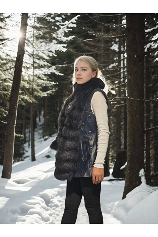 Kadın Kolsuz Fermuarlı Yelek - Lacivert