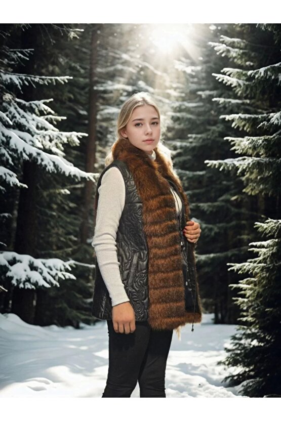 Kadın Kolsuz Fermuarlı Yelek - Siyah