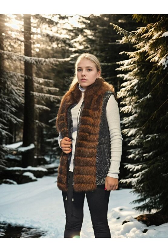 Kadın Kolsuz Fermuarlı Yelek - Siyah