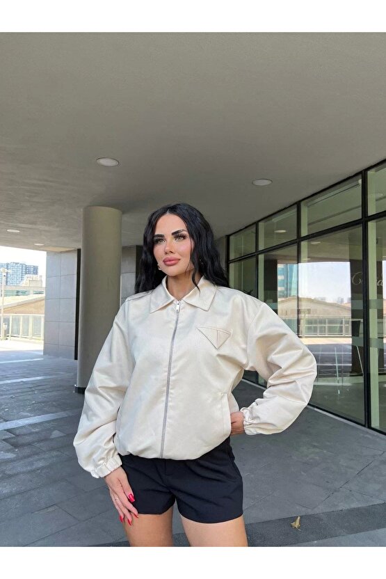 Fermuarlı Gömlek Yaka Bomber Ceket - Beyaz