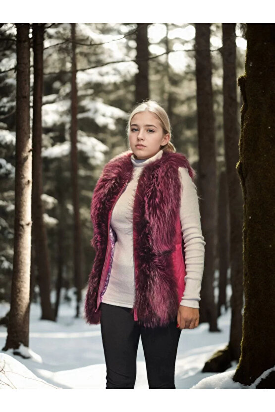 Kadın Kolsuz Hakiki Yelek - Fuşya