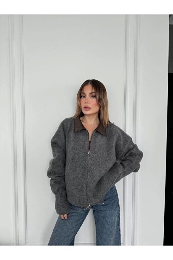 Deri Yakalı Pamuk dokulu Çift Taraflı Çalışan Fermuar Ceket - Füme