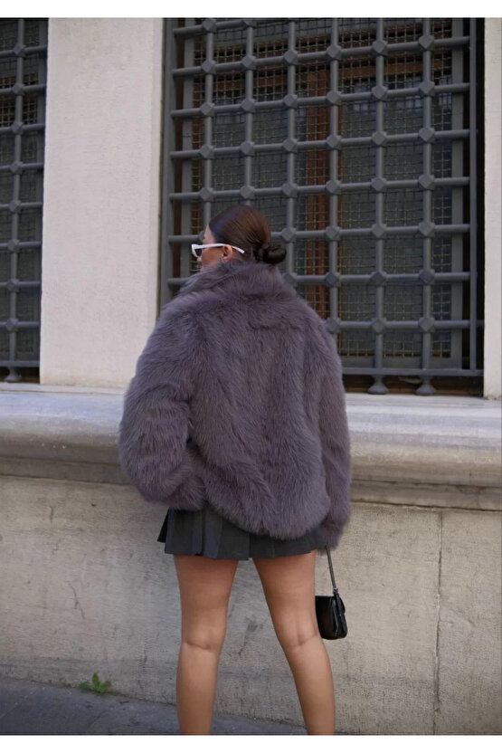 Salaş Sakallı Yumuşak Dokulu Yakalı Cepli Suni Kürk - füme