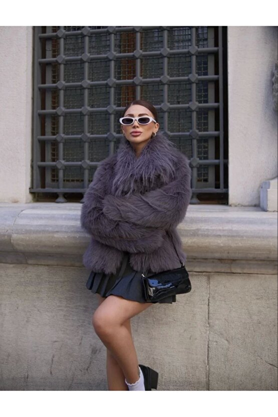 Salaş Sakallı Yumuşak Dokulu Yakalı Cepli Suni Kürk - füme