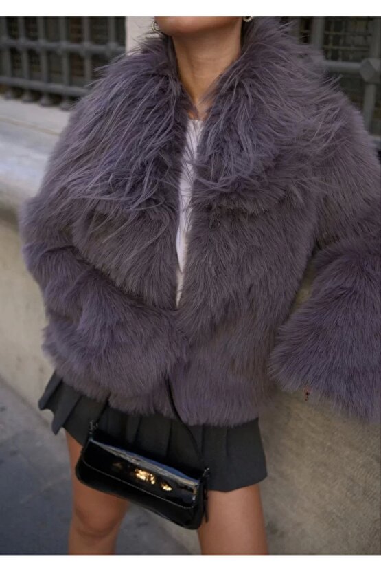 Salaş Sakallı Yumuşak Dokulu Yakalı Cepli Suni Kürk - füme