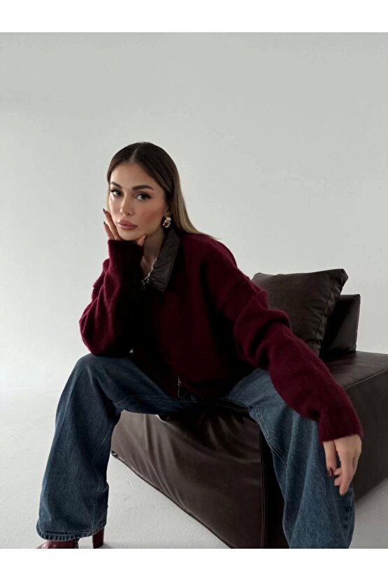 Deri Yakalı Pamuk dokulu Çift Taraflı Çalışan Fermuar Ceket - Bordo