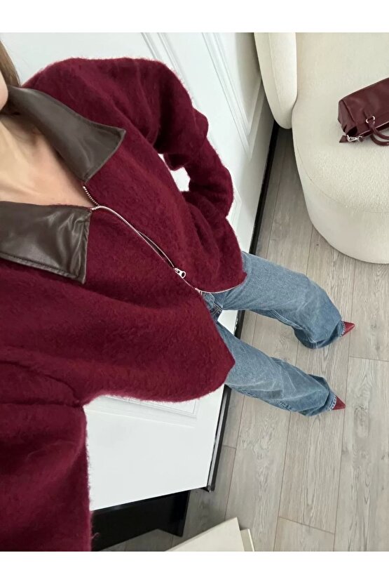 Deri Yakalı Pamuk dokulu Çift Taraflı Çalışan Fermuar Ceket - Bordo