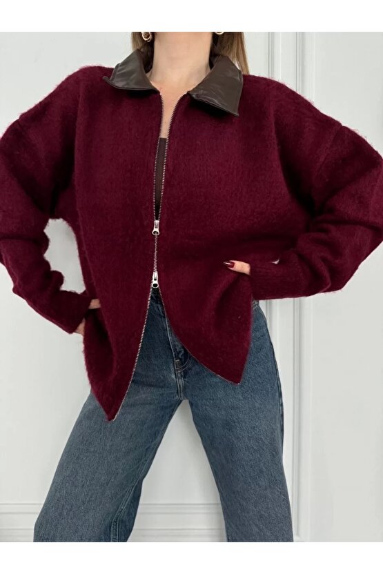 Deri Yakalı Pamuk dokulu Çift Taraflı Çalışan Fermuar Ceket - Bordo