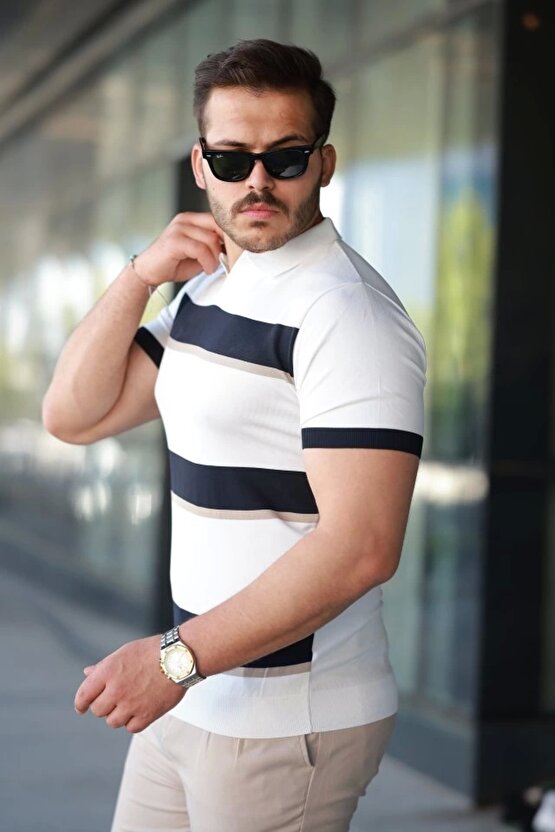 Erkek şerit Desenli Hemşire Yaka Kısa Kollu Tişört