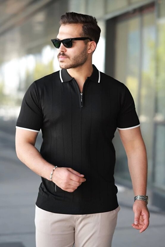 Erkek Fermuar Yakalı çizgi Dokulu Kısa Kollu Tişört