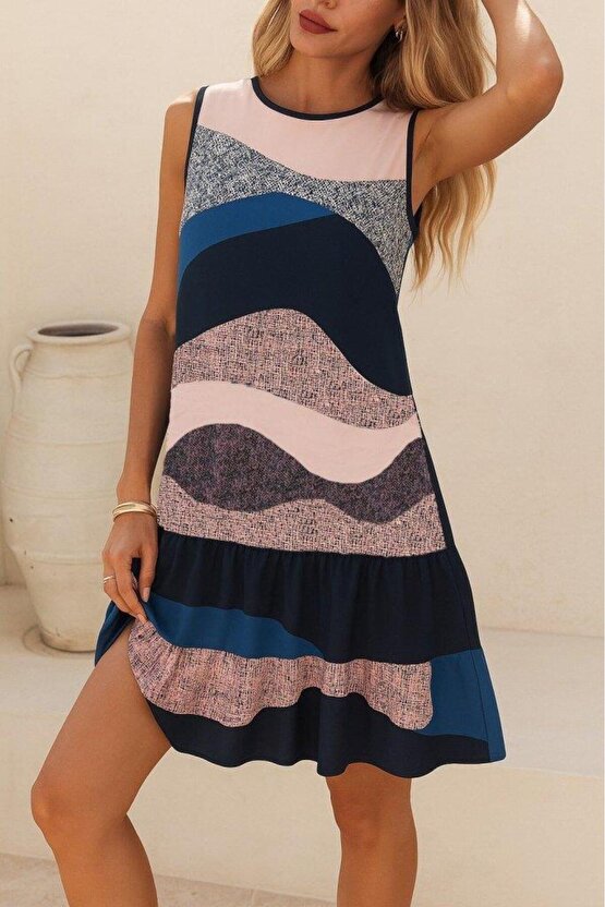 Kadın Kolsuz Sırttan Bağlamalı Fırfırlı Leopar Desenli Dalgıç Elbise