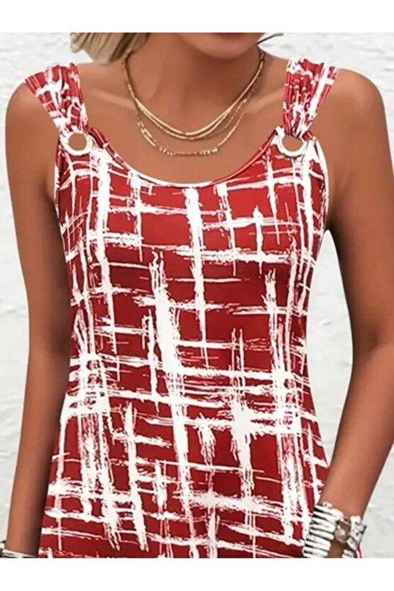 Kadın Askılı Kuş Gözü Detaylı Desenli Süprem Elbise