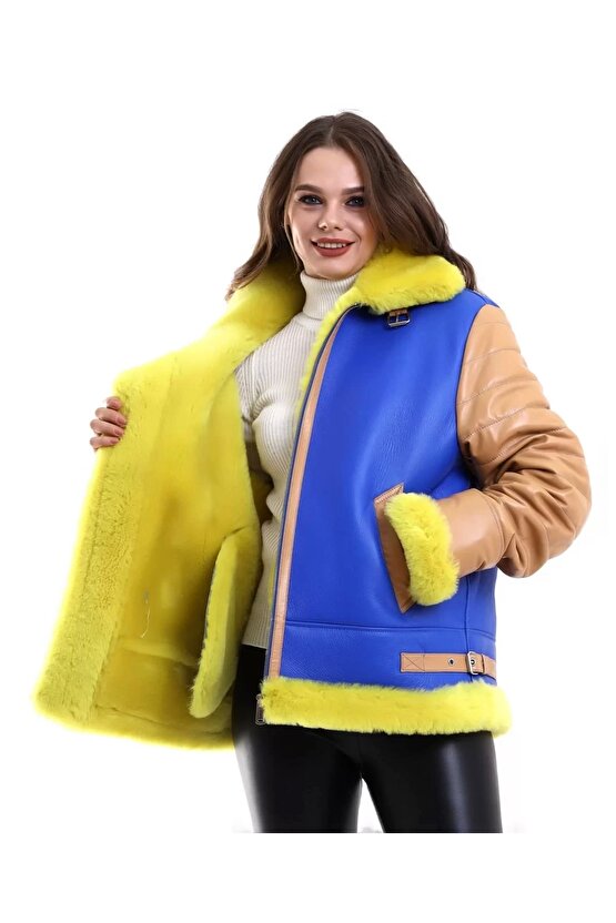 Kadın Koyun Derisi Pilot Hakiki Kürk - Sarı