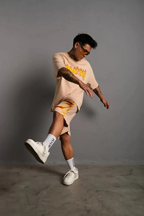 Erkek Alev Baskılı İkili Şortlu Takım - Bej