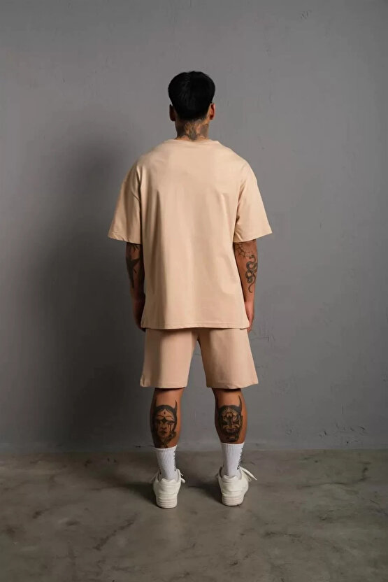 Erkek Alev Baskılı İkili Şortlu Takım - Bej