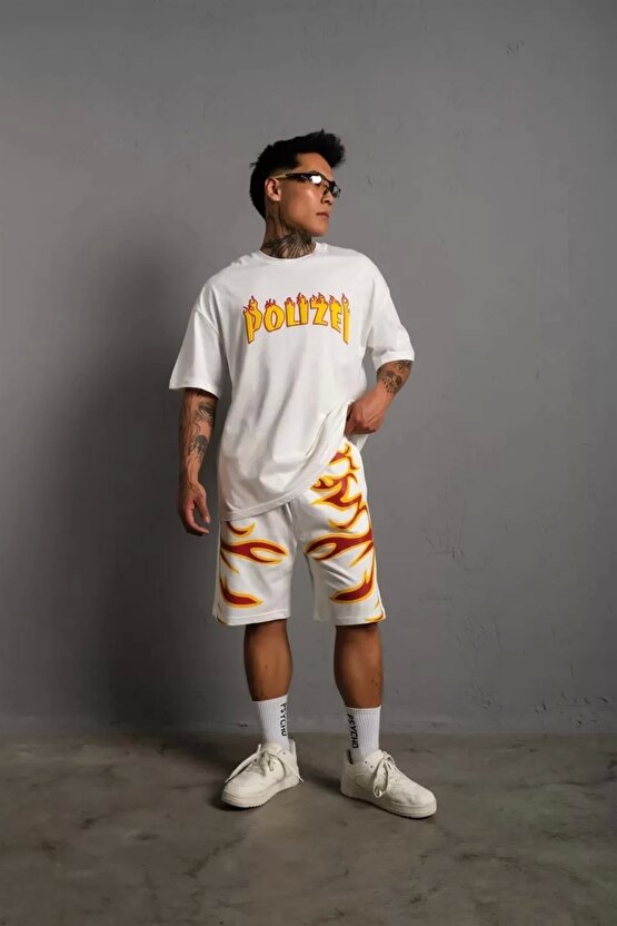 Erkek Alev Baskılı İkili Şortlu Takım - Beyaz