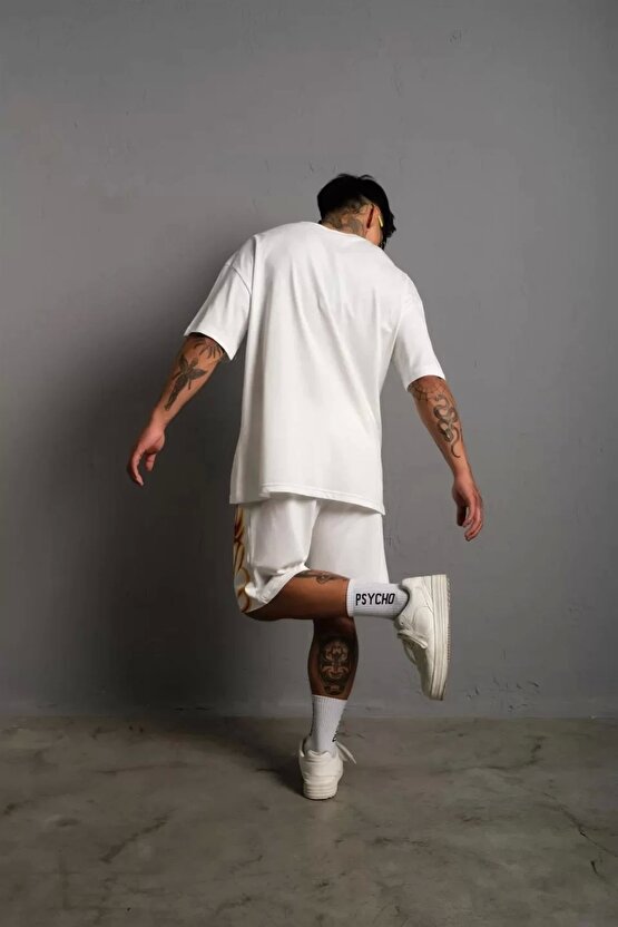 Erkek Alev Baskılı İkili Şortlu Takım - Beyaz