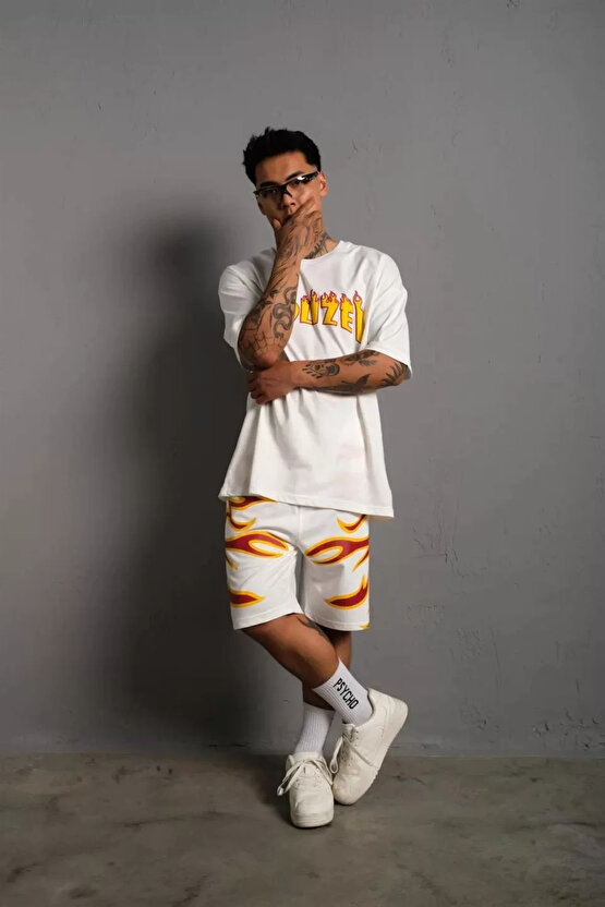 Erkek Alev Baskılı İkili Şortlu Takım - Beyaz