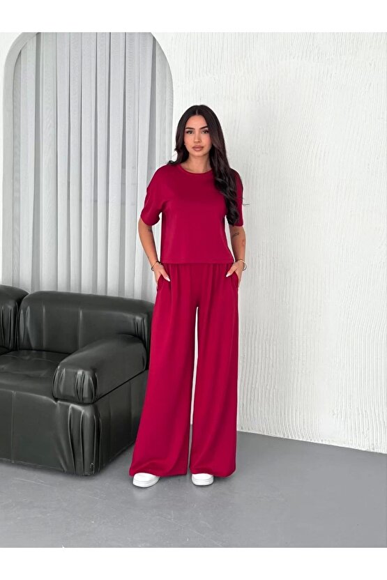 Osy Modal Yumuşak Dokulu Kumaş Bisiklet Yaka T-shirt Bol paça Pantalon ikili Takım -Bordo