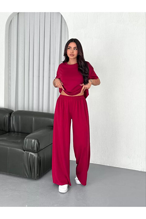 Osy Modal Yumuşak Dokulu Kumaş Bisiklet Yaka T-shirt Bol paça Pantalon ikili Takım -Bordo