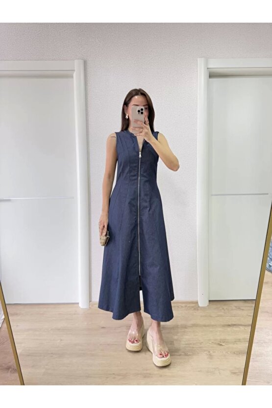 Jeans Kot Önü Tam Fermuarlı Kadın Uzun Elbise - Mavi