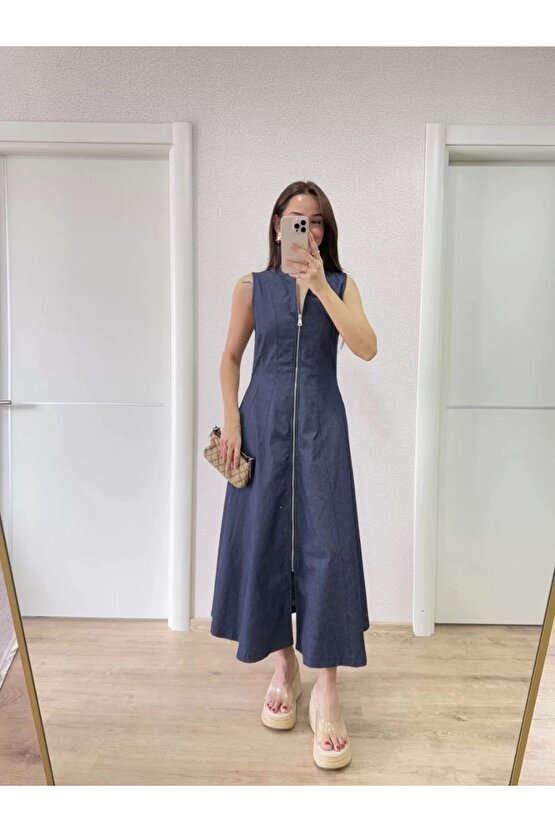 Jeans Kot Önü Tam Fermuarlı Kadın Uzun Elbise - Mavi
