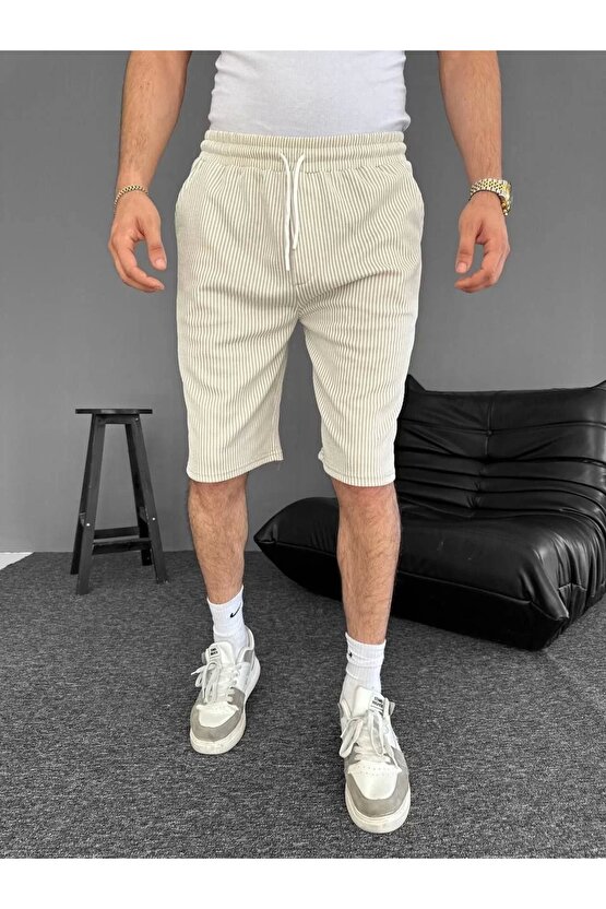 Su Yolu Çizgili Ön Arka Cepli Şort Yazlık Nefes Alabilir - Bej