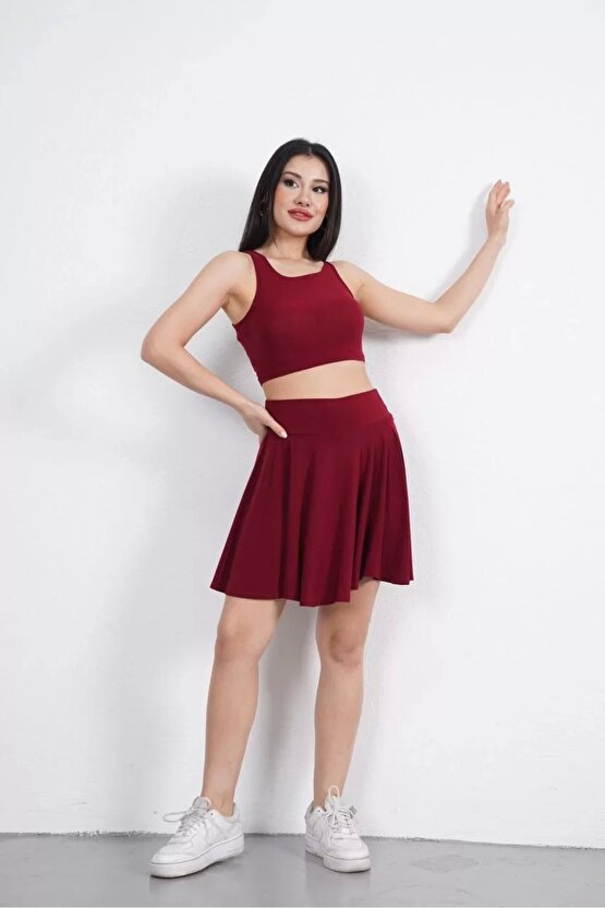 Sendy Kumaş Bisiklet Yaka Crop Şortlu Etek ikili Takım - Bordo