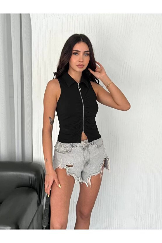 Yakalı Tam Fermuarlı Kolsuz Bluz - Siyah