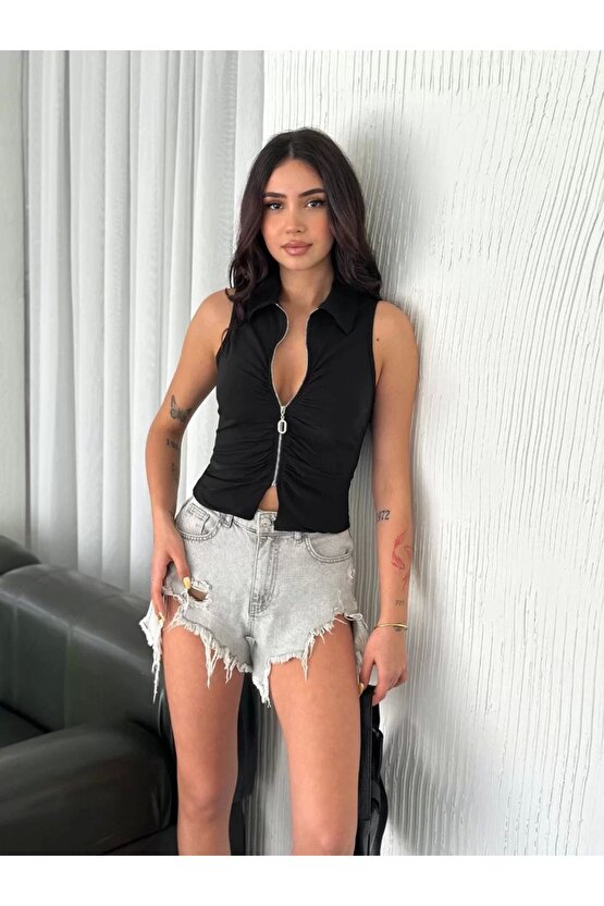 Yakalı Tam Fermuarlı Kolsuz Bluz - Siyah