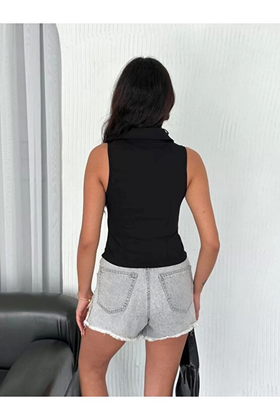 Yakalı Tam Fermuarlı Kolsuz Bluz - Siyah