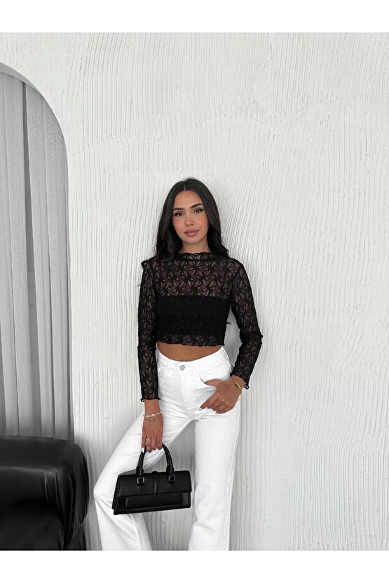 Kadın Dantel Uzun Kol Bluz- Siyah