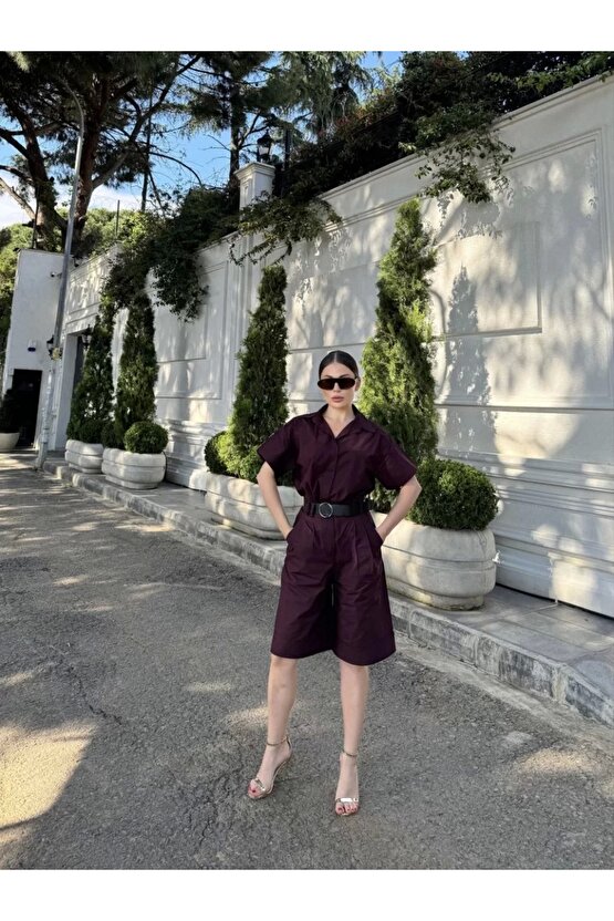 Bordo Kemerli Gömlek Şort Kadın Takım
