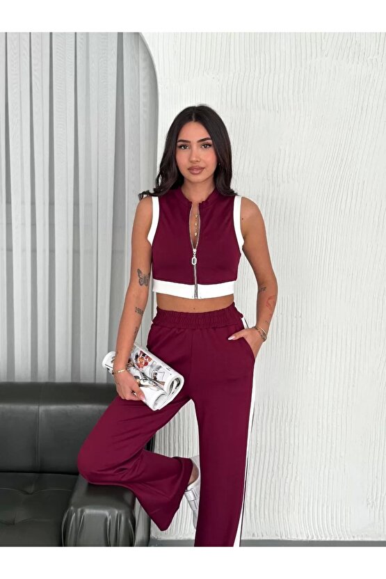 Osy Modal Yumuşak Dokulu Kumaş Tam Fermuarlı Crop Pantalon İkili Takım - Bordo