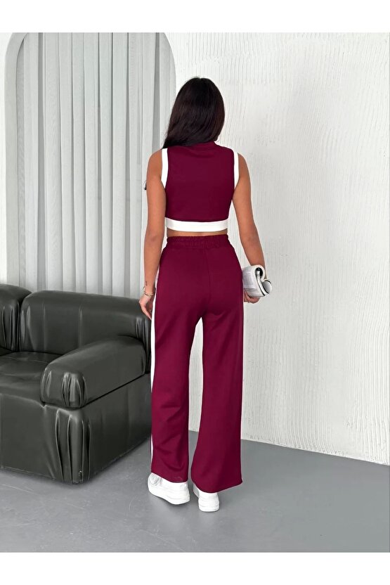 Osy Modal Yumuşak Dokulu Kumaş Tam Fermuarlı Crop Pantalon İkili Takım - Bordo