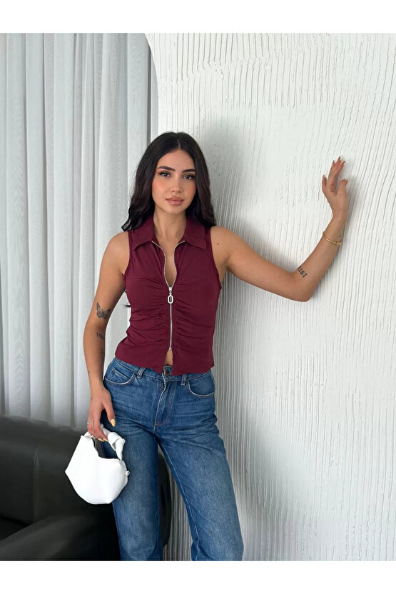 Yakalı Tam Fermuarlı Kolsuz Bluz - Bordo