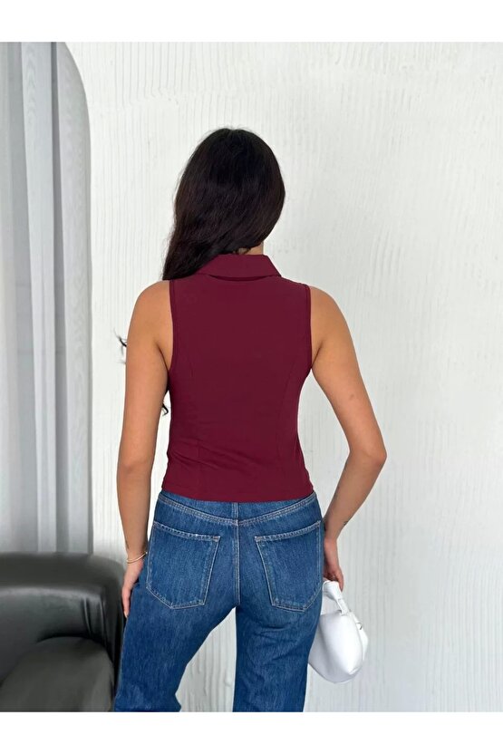 Yakalı Tam Fermuarlı Kolsuz Bluz - Bordo