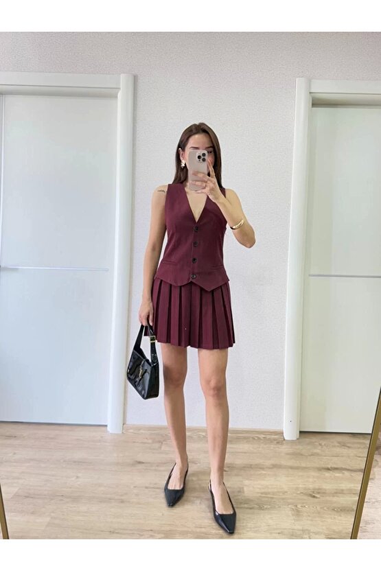 Keten Takım Görünümlü Düğme Detaylı Yelekli Mini Elbise - Bordo