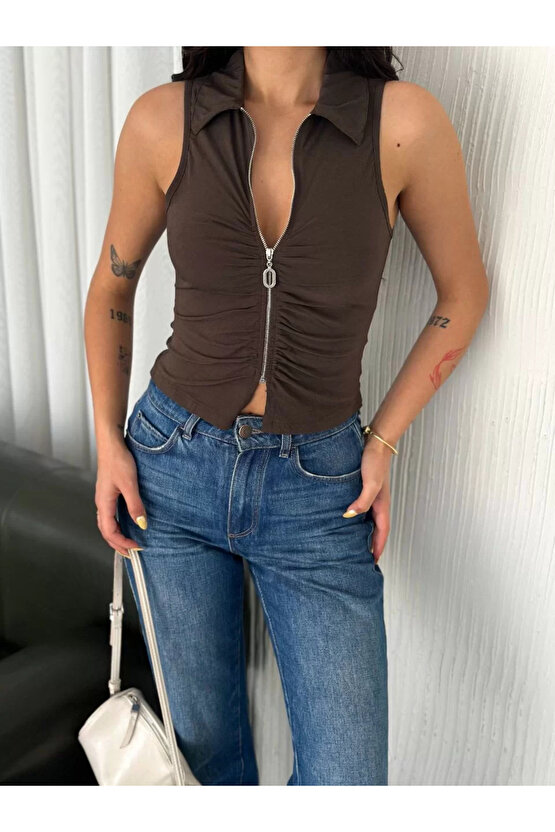 Yakalı Tam Fermuarlı Kolsuz Bluz - Kahverengi