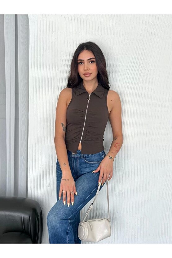 Yakalı Tam Fermuarlı Kolsuz Bluz - Kahverengi