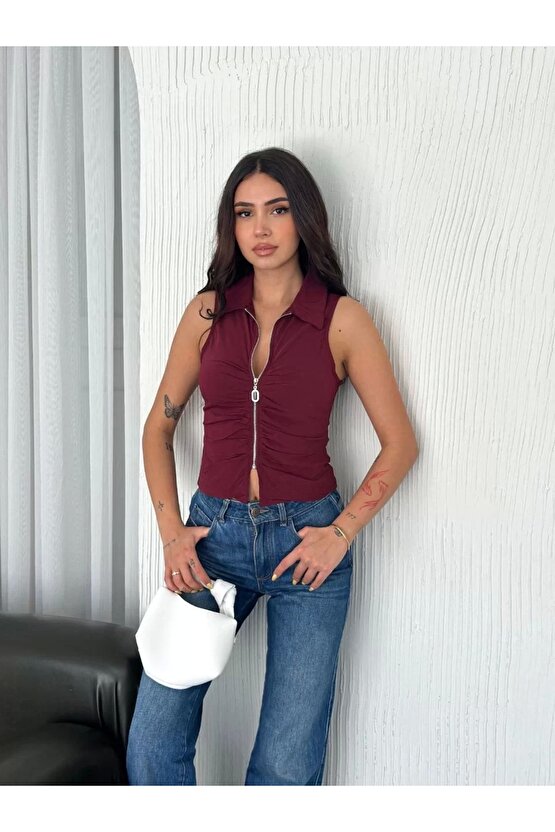 Yakalı Tam Fermuarlı Kolsuz Bluz - Bordo