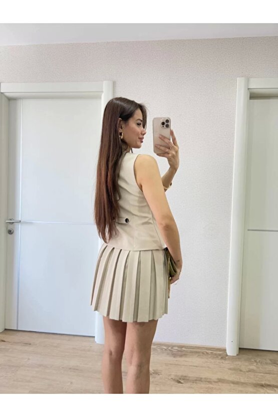 Keten Takım Görünümlü Düğme Detaylı Yelekli Mini Elbise - Bej