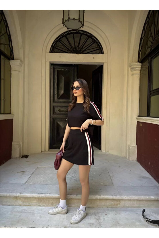 Osy Modal yumuşak dokulu Kumaş Kadın Parçalı Bisiklet Yaka T-shirt Mini Şortlu Etek İkili Takım - Si