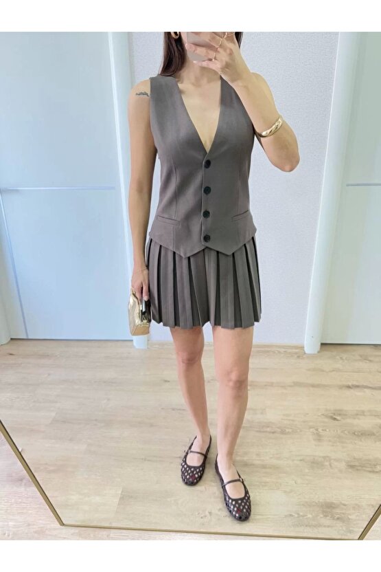 Keten Takım Görünümlü Düğme Detaylı Yelekli Mini Elbise - Bordo