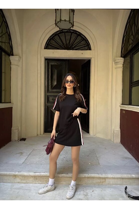 Osy Modal yumuşak dokulu Kumaş Kadın Parçalı Bisiklet Yaka T-shirt Mini Şortlu Etek İkili Takım - Si