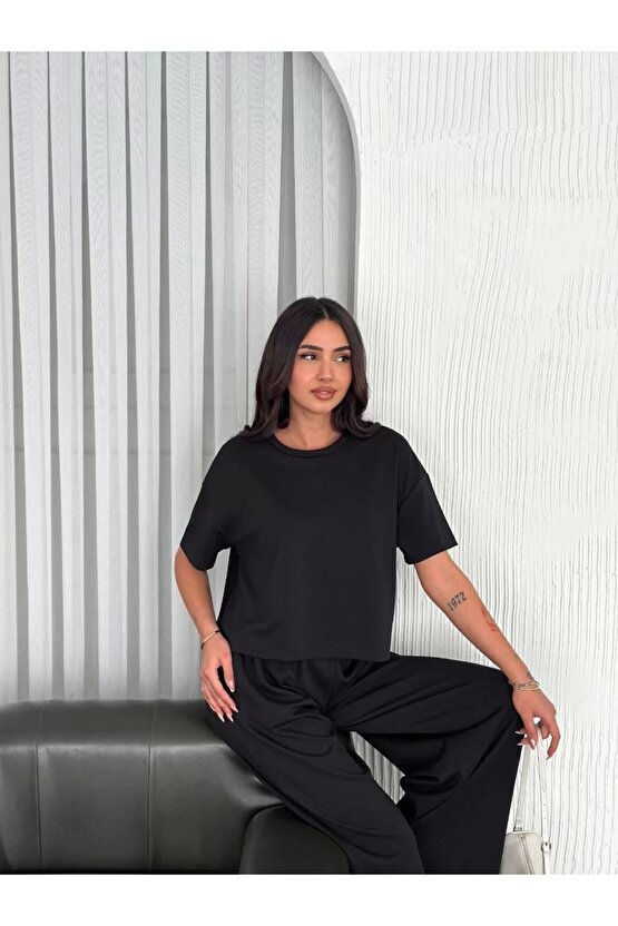 Osy Modal Yumuşak Dokulu Kumaş Bisiklet Yaka T-shirt Bol paça Pantalon ikili Takım -Siyah