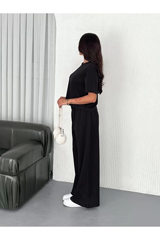 Osy Modal Yumuşak Dokulu Kumaş Bisiklet Yaka T-shirt Bol paça Pantalon ikili Takım -Siyah