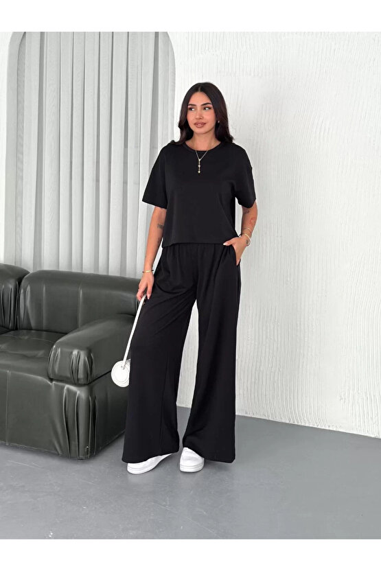 Osy Modal Yumuşak Dokulu Kumaş Bisiklet Yaka T-shirt Bol paça Pantalon ikili Takım -Siyah